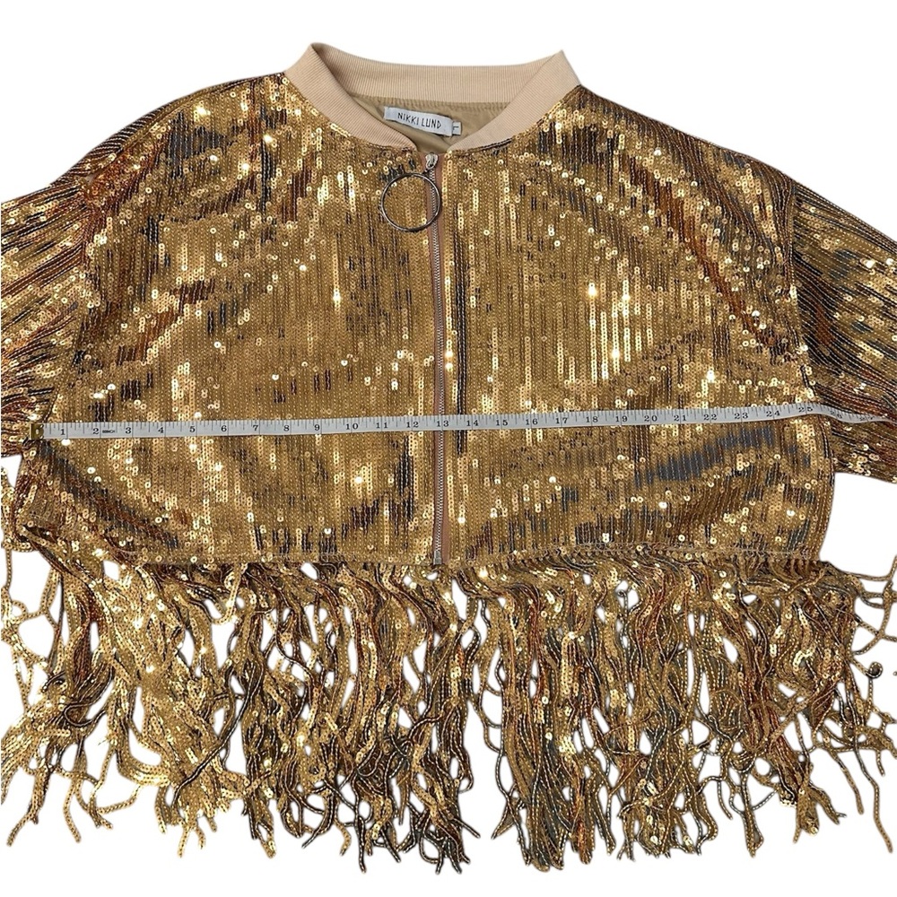 NIKKI LUND Oversize Sequins Fringe Hem Jacket in Gold L - Picture 5 of 11